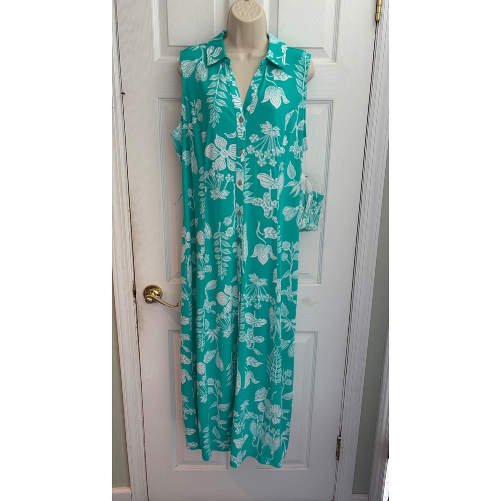 Talbots Teal White Floral Sleeveless Maxi Shirt Dress Belted XL NWT Coastal Boho